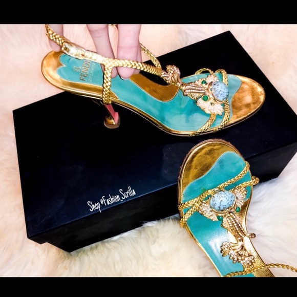FENDI Gold Braided Embellishment Fish Ornate Crystal Sandal Heels - Picture 4 of 11